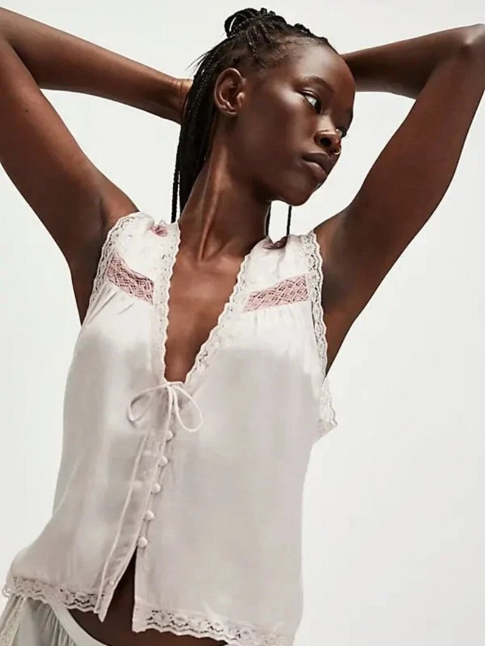 Free People Hold Me Close Vest Top Button Front Pintuck Lace Trim XL